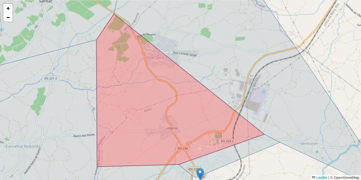 Mapa detalhado do código postal 3520-042 com limites, códigos postais vizinhos e agências dos correios