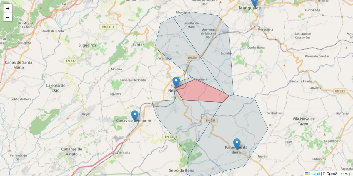Mapa detalhado do código postal 3520-057 com limites, códigos postais vizinhos e agências dos correios