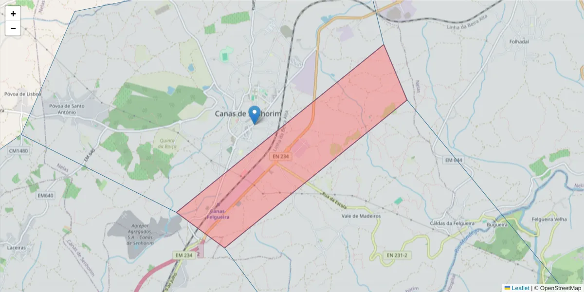 Mapa detalhado do código postal 3525-001 com limites, códigos postais vizinhos e agências dos correios
