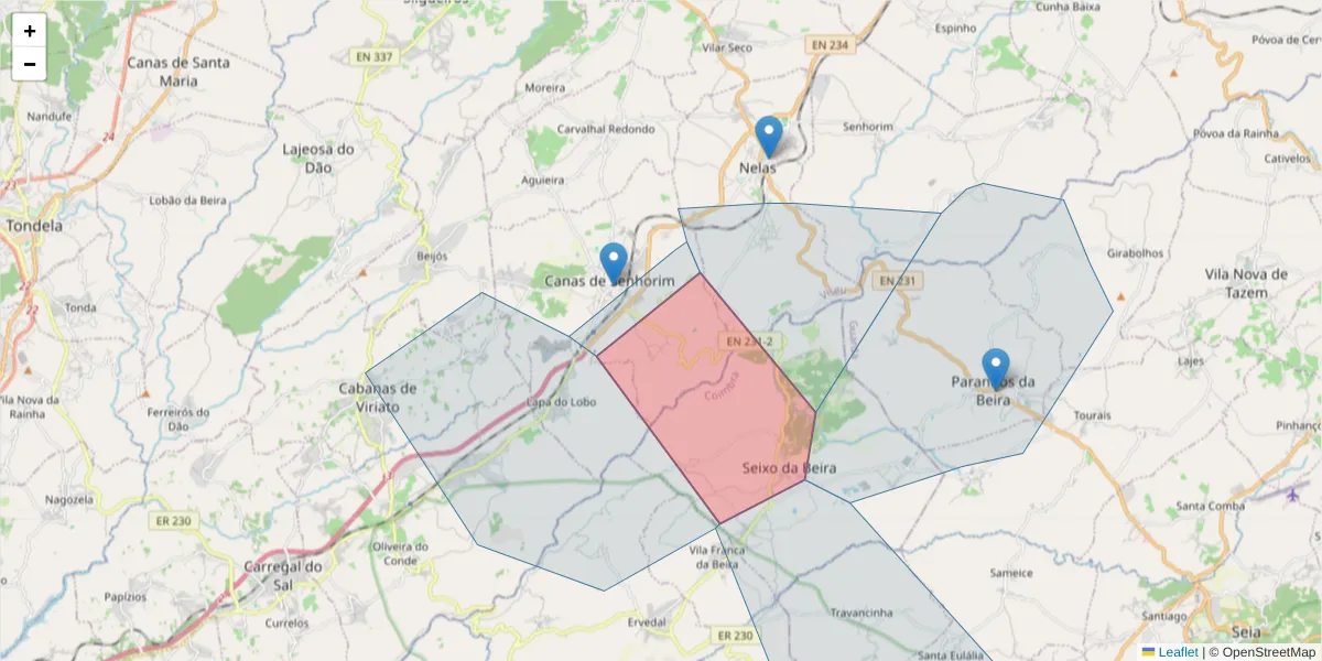 Mapa detalhado do código postal 3525-352 com limites, códigos postais vizinhos e agências dos correios