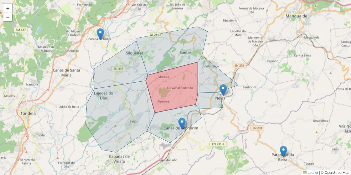 Mapa detalhado do código postal 3525-432 com limites, códigos postais vizinhos e agências dos correios