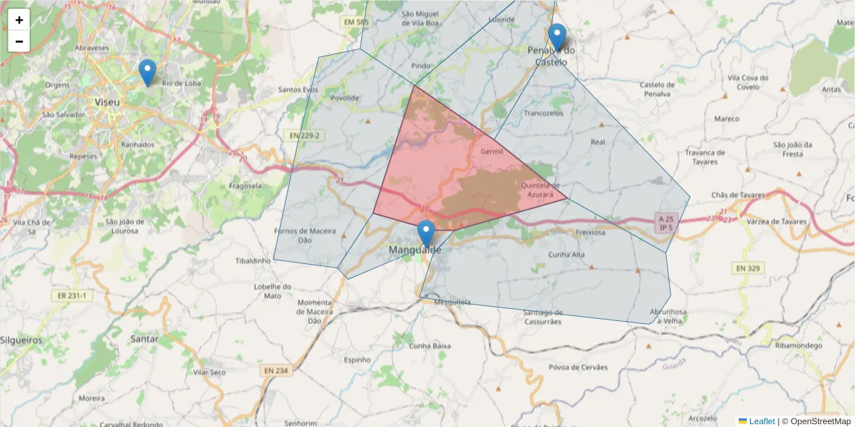 Mapa detalhado do código postal 3530-000 com limites, códigos postais vizinhos e agências dos correios