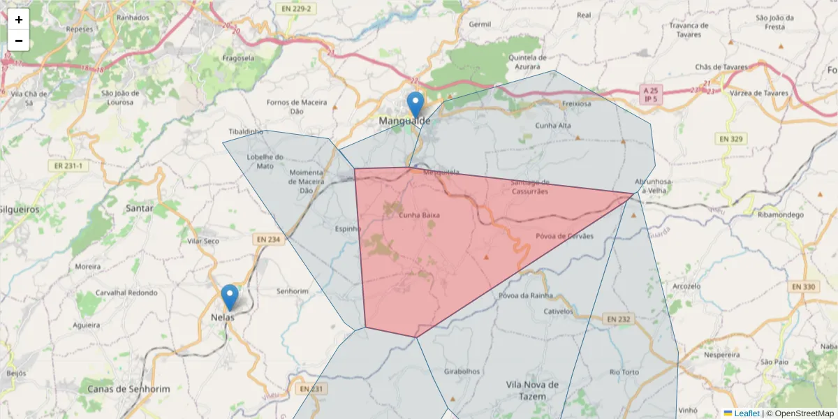 Mapa detalhado do código postal 3530-051 com limites, códigos postais vizinhos e agências dos correios