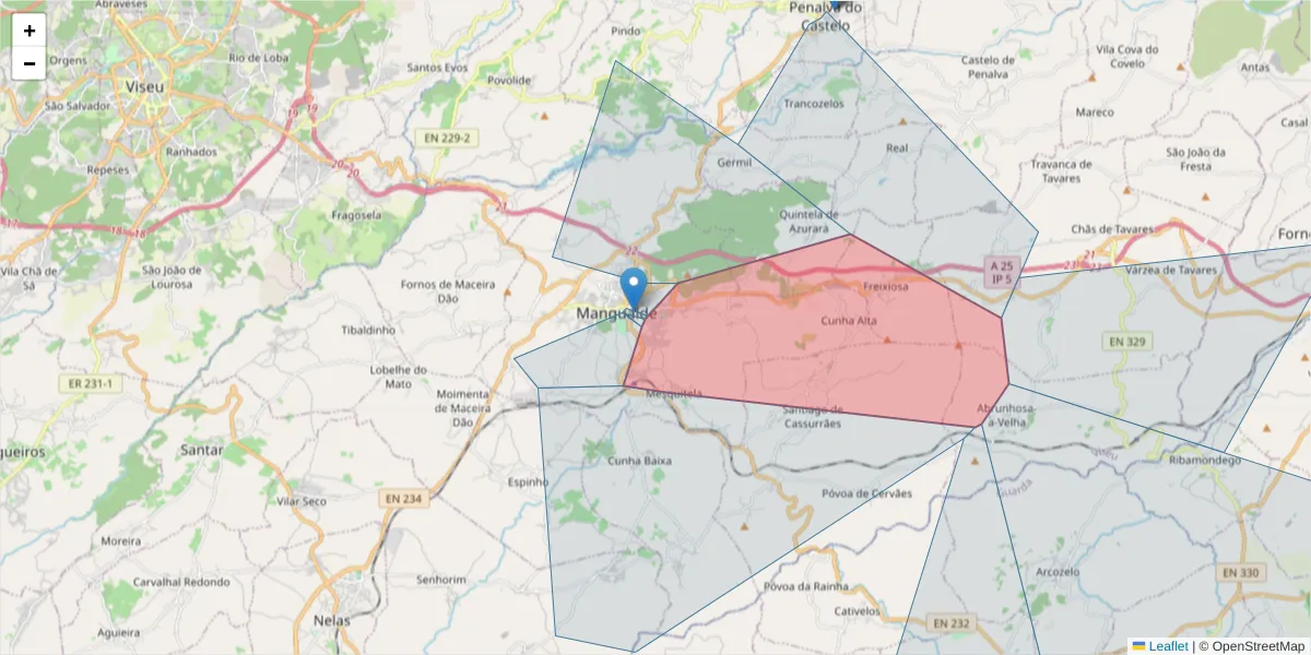 Mapa detalhado do código postal 3530-091 com limites, códigos postais vizinhos e agências dos correios