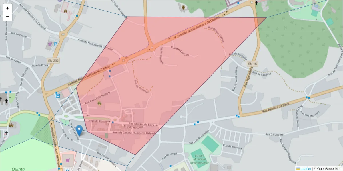 Mapa detalhado do código postal 3530-133 com limites, códigos postais vizinhos e agências dos correios