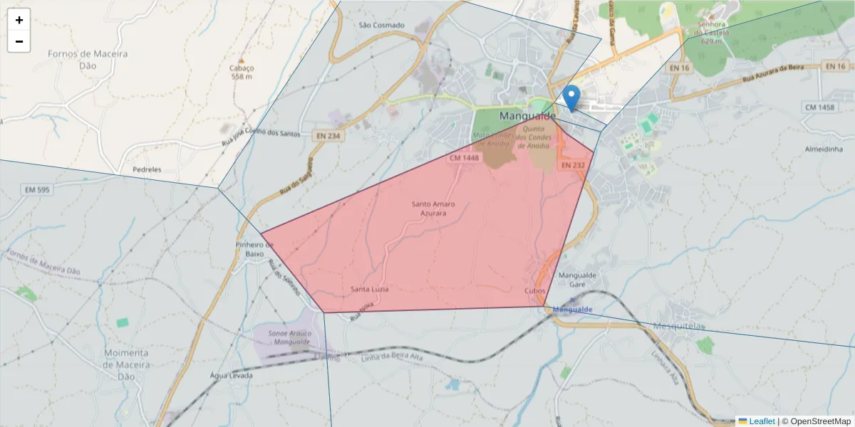 Mapa detalhado do código postal 3530-201 com limites, códigos postais vizinhos e agências dos correios
