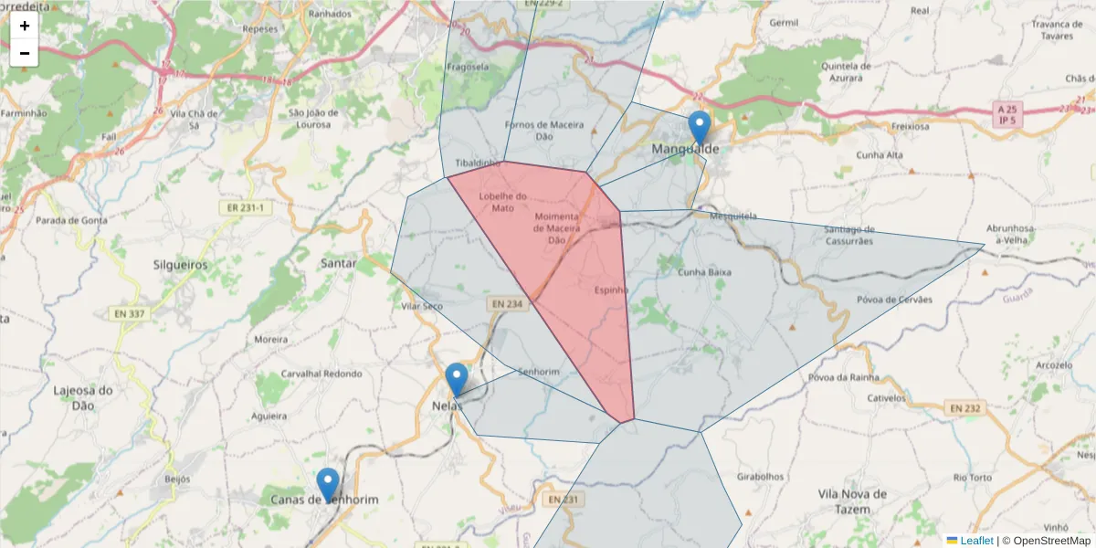 Mapa detalhado do código postal 3530-310 com limites, códigos postais vizinhos e agências dos correios
