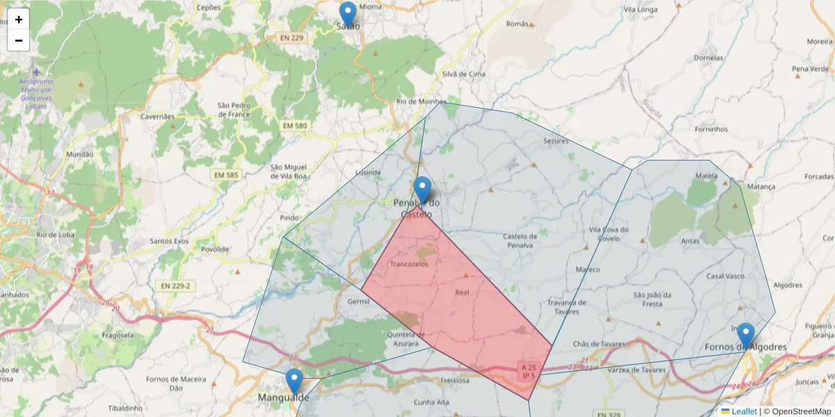 Mapa detalhado do código postal 3550-142 com limites, códigos postais vizinhos e agências dos correios