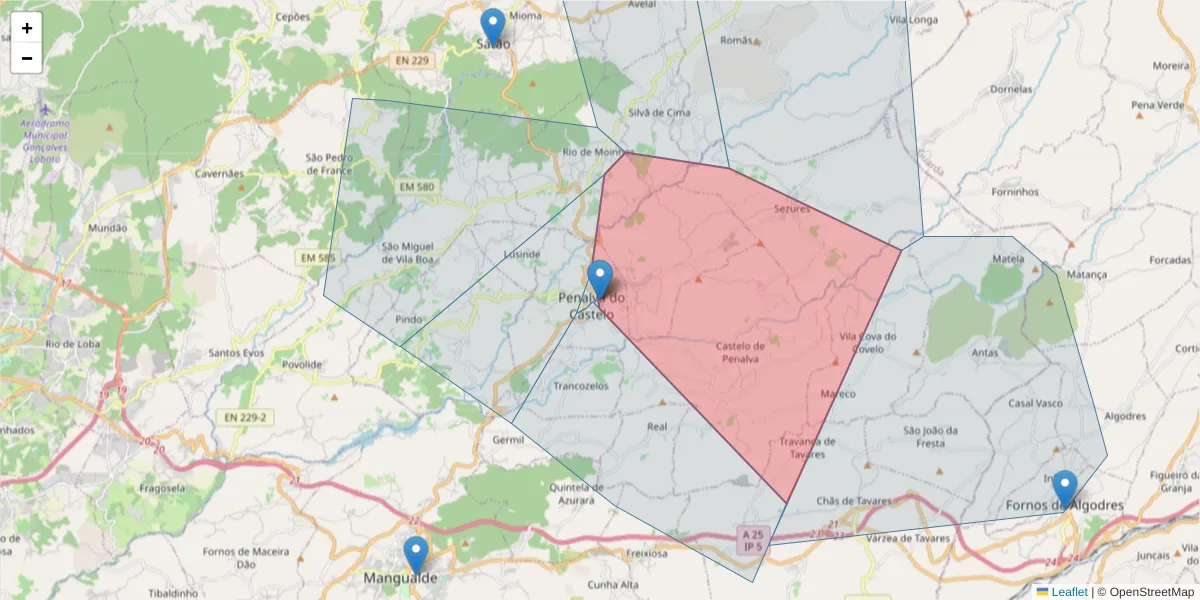 Mapa detalhado do código postal 3550-999 com limites, códigos postais vizinhos e agências dos correios