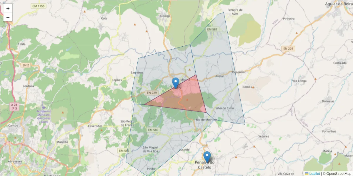 Mapa detalhado do código postal 3560-154 com limites, códigos postais vizinhos e agências dos correios