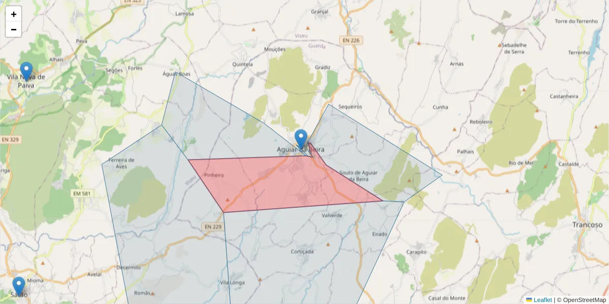 Mapa detalhado do código postal 3570-015 com limites, códigos postais vizinhos e agências dos correios
