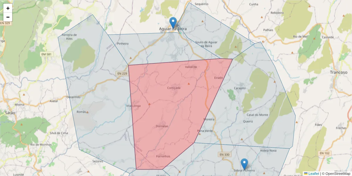Mapa detalhado do código postal 3570-110 com limites, códigos postais vizinhos e agências dos correios