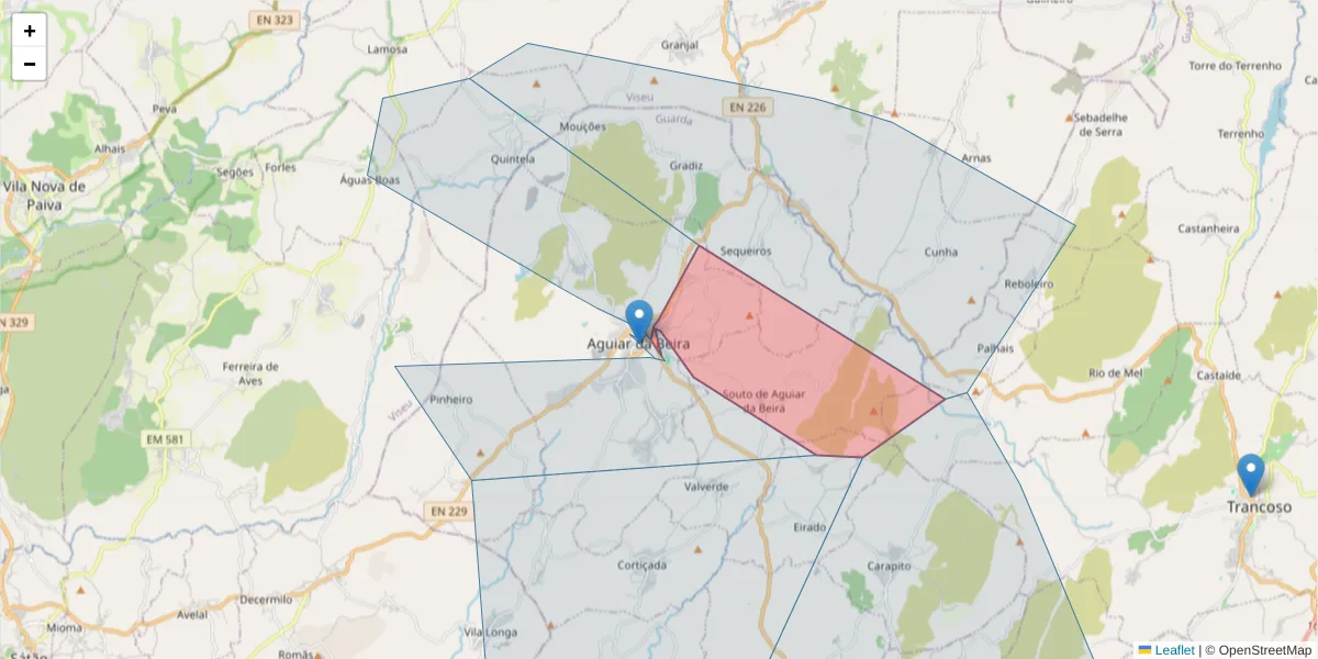 Mapa detalhado do código postal 3570-214 com limites, códigos postais vizinhos e agências dos correios