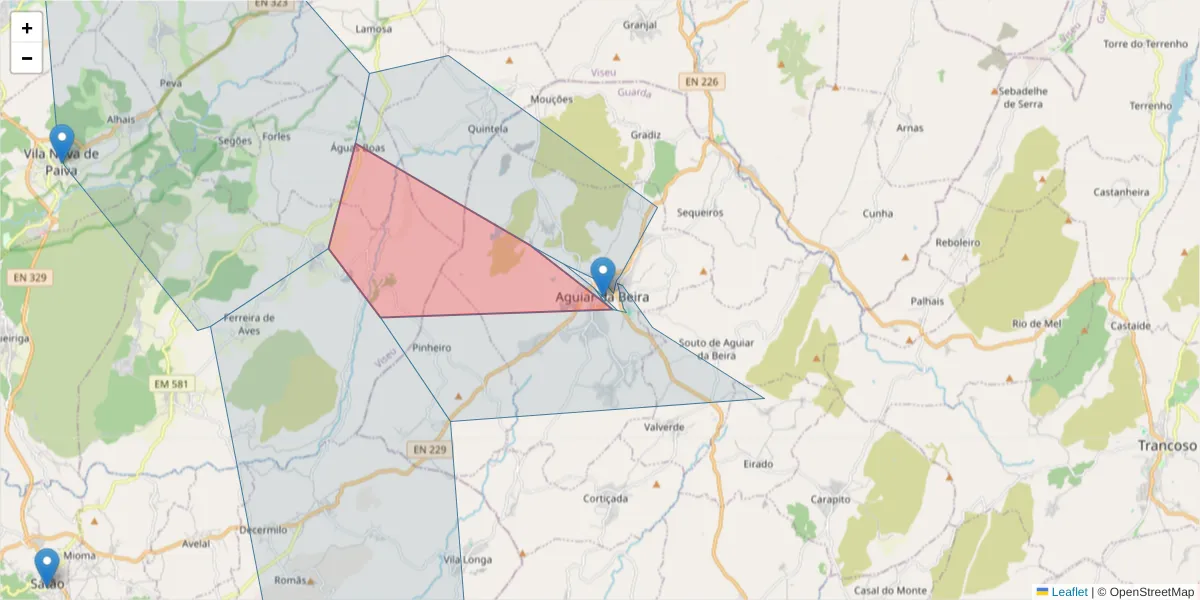Mapa detalhado do código postal 3570 com limites, códigos postais vizinhos e agências dos correios