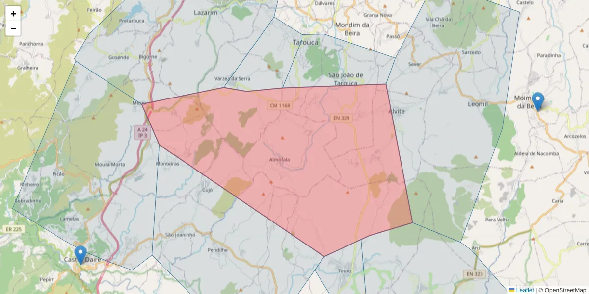 Mapa detalhado do código postal 3600-011 com limites, códigos postais vizinhos e agências dos correios