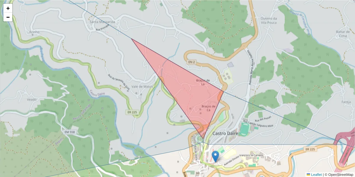 Mapa detalhado do código postal 3600-124 com limites, códigos postais vizinhos e agências dos correios
