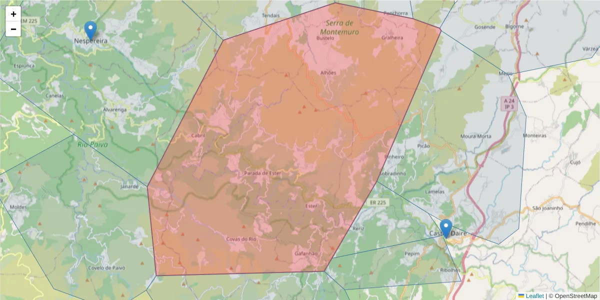 Mapa detalhado do código postal 3600-506 com limites, códigos postais vizinhos e agências dos correios