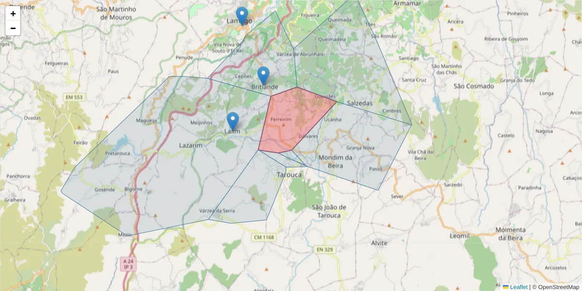 Mapa detalhado do código postal 3610-013 com limites, códigos postais vizinhos e agências dos correios