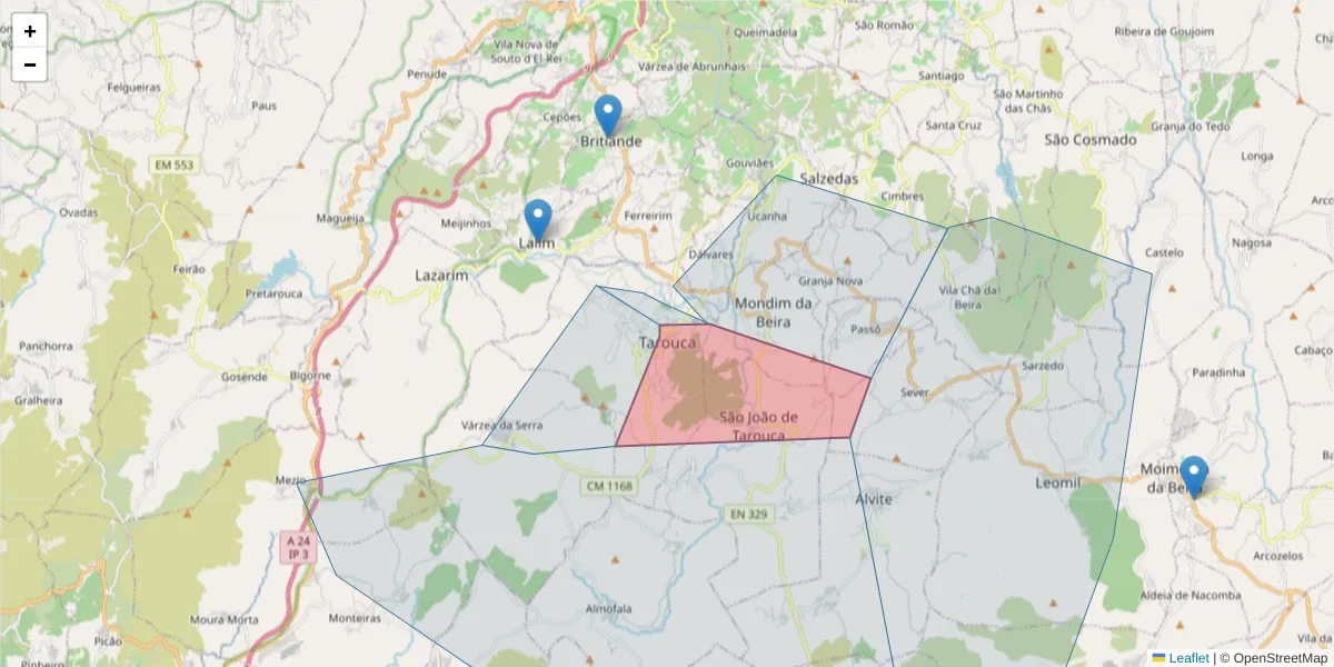 Mapa detalhado do código postal 3610-130 com limites, códigos postais vizinhos e agências dos correios