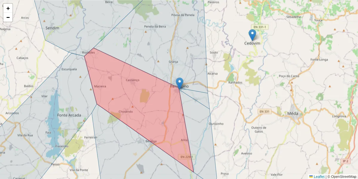 Mapa detalhado do código postal 3630-231 com limites, códigos postais vizinhos e agências dos correios