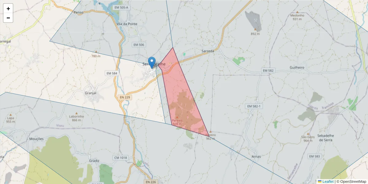Mapa detalhado do código postal 3640-224 com limites, códigos postais vizinhos e agências dos correios