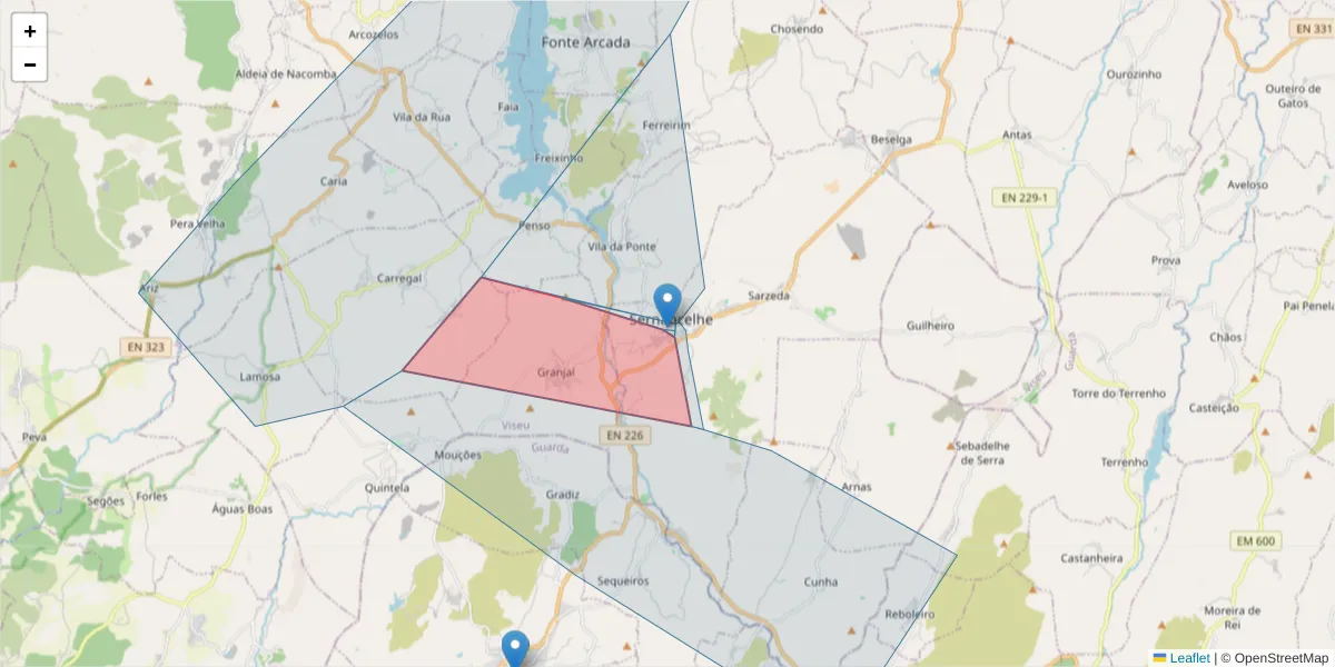 Mapa detalhado do código postal 3640-240 com limites, códigos postais vizinhos e agências dos correios
