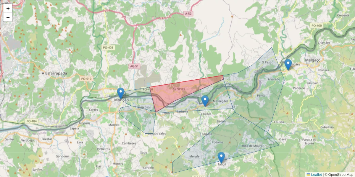 Mapa detalhado do código postal 36440 com limites, códigos postais vizinhos e agências dos correios