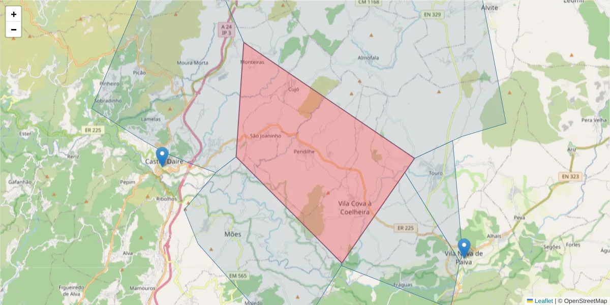 Mapa detalhado do código postal 3650-032 com limites, códigos postais vizinhos e agências dos correios