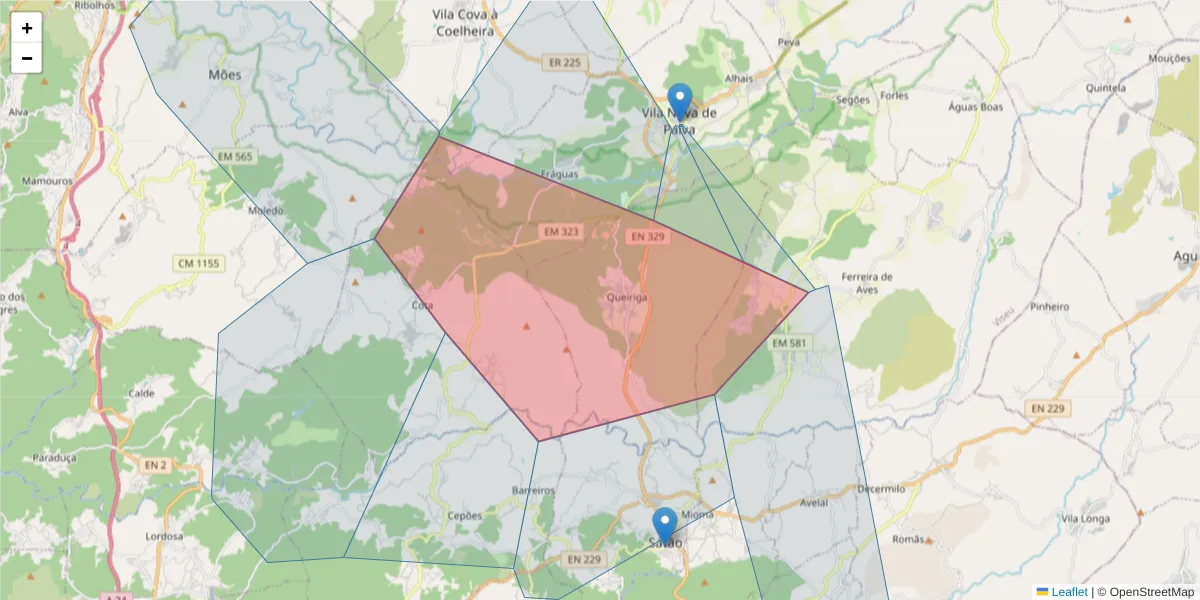 Mapa detalhado do código postal 3650-043 com limites, códigos postais vizinhos e agências dos correios