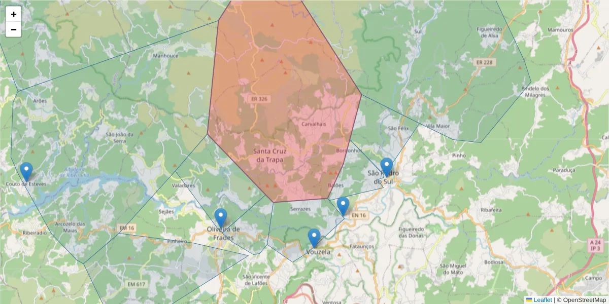 Mapa detalhado do código postal 3660-055 com limites, códigos postais vizinhos e agências dos correios