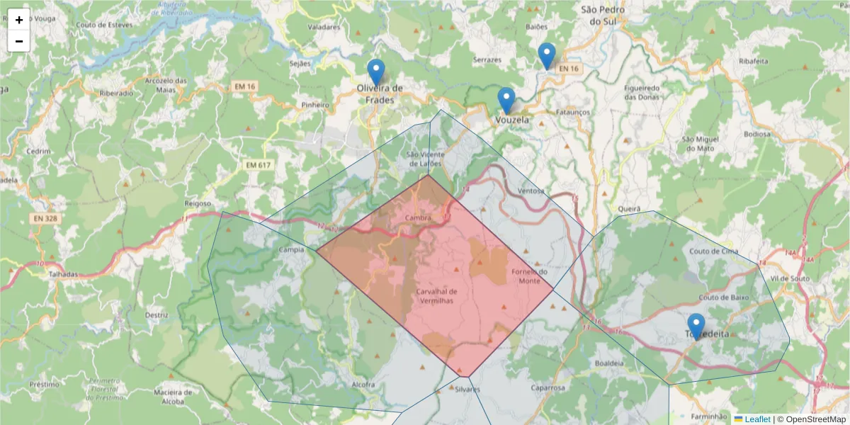 Mapa detalhado do código postal 3670-046 com limites, códigos postais vizinhos e agências dos correios
