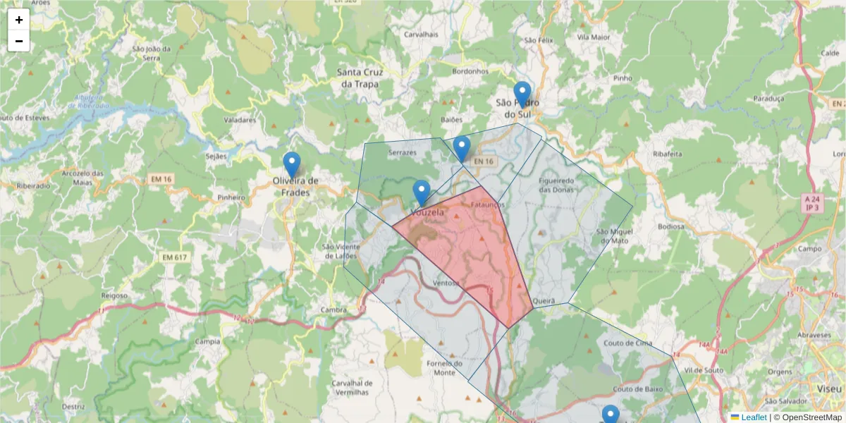 Mapa detalhado do código postal 3670-231 com limites, códigos postais vizinhos e agências dos correios