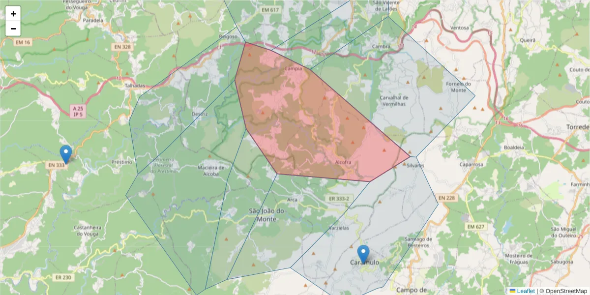 Mapa detalhado do código postal 3670 com limites, códigos postais vizinhos e agências dos correios