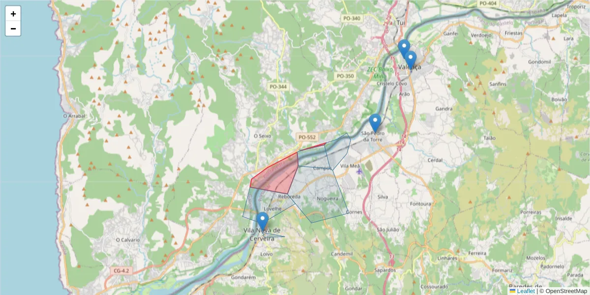 Mapa detalhado do código postal 36730 com limites, códigos postais vizinhos e agências dos correios