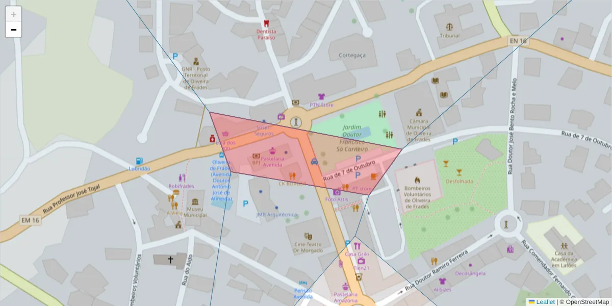 Mapa detalhado do código postal 3680-111 com limites, códigos postais vizinhos e agências dos correios