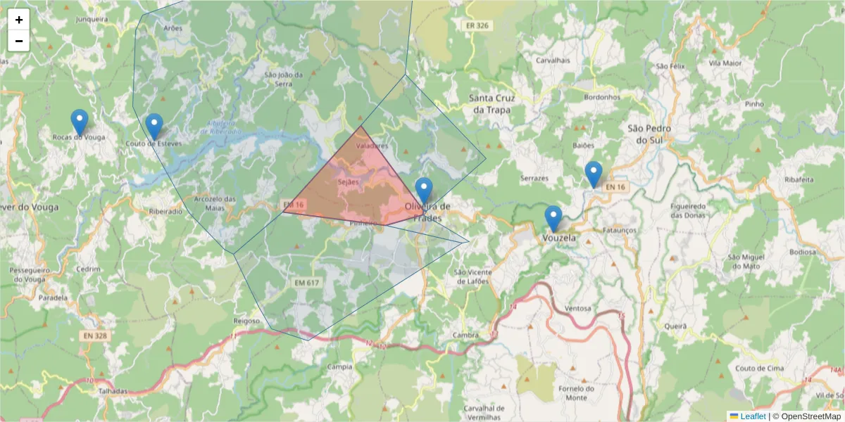 Mapa detalhado do código postal 3680-130 com limites, códigos postais vizinhos e agências dos correios