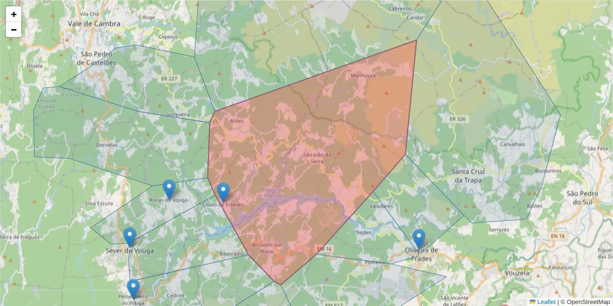 Mapa detalhado do código postal 3680-262 com limites, códigos postais vizinhos e agências dos correios