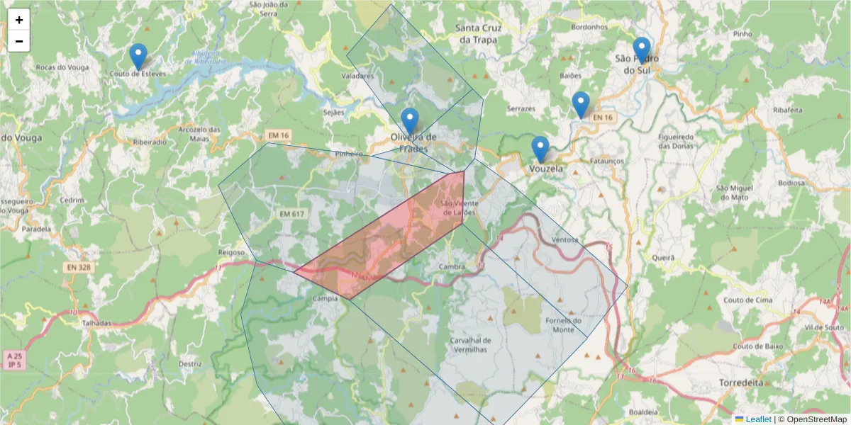 Mapa detalhado do código postal 3680-281 com limites, códigos postais vizinhos e agências dos correios