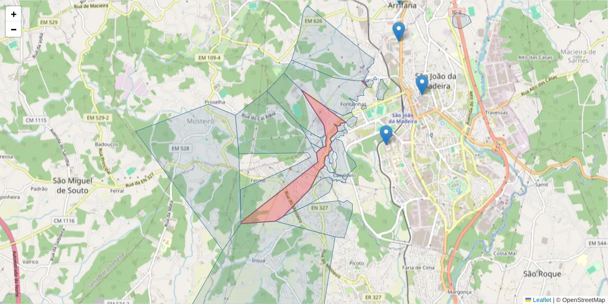 Mapa detalhado do código postal 3700-027 com limites, códigos postais vizinhos e agências dos correios