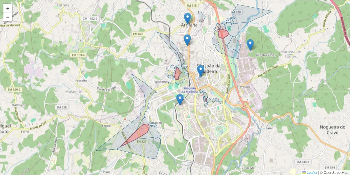 Mapa detalhado do código postal 3700-030 com limites, códigos postais vizinhos e agências dos correios