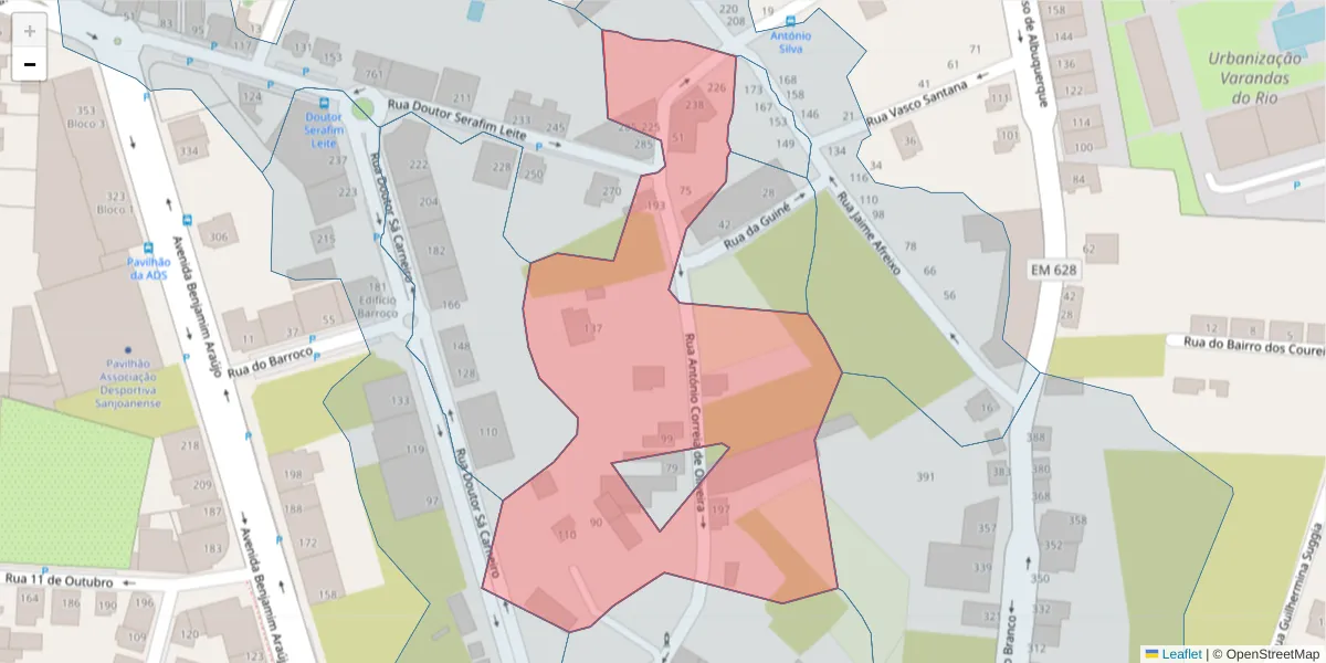 Mapa detalhado do código postal 3700-039 com limites, códigos postais vizinhos e agências dos correios