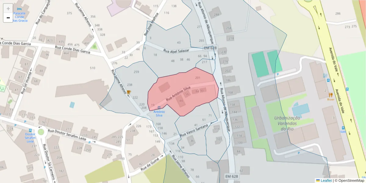 Mapa detalhado do código postal 3700-048 com limites, códigos postais vizinhos e agências dos correios