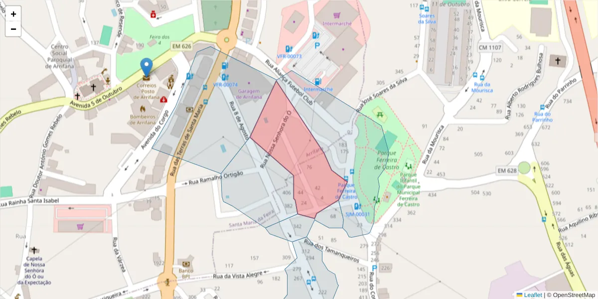 Mapa detalhado do código postal 3700-062 com limites, códigos postais vizinhos e agências dos correios