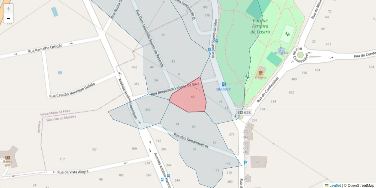 Mapa detalhado do código postal 3700-063 com limites, códigos postais vizinhos e agências dos correios