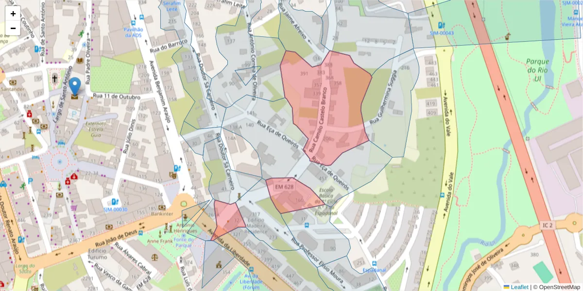 Mapa detalhado do código postal 3700-076 com limites, códigos postais vizinhos e agências dos correios
