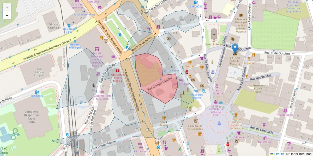 Mapa detalhado do código postal 3700-080 com limites, códigos postais vizinhos e agências dos correios