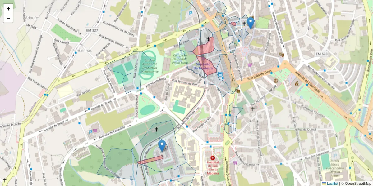 Mapa detalhado do código postal 3700-084 com limites, códigos postais vizinhos e agências dos correios