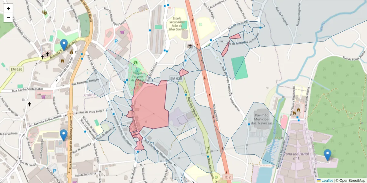 Mapa detalhado do código postal 3700-091 com limites, códigos postais vizinhos e agências dos correios