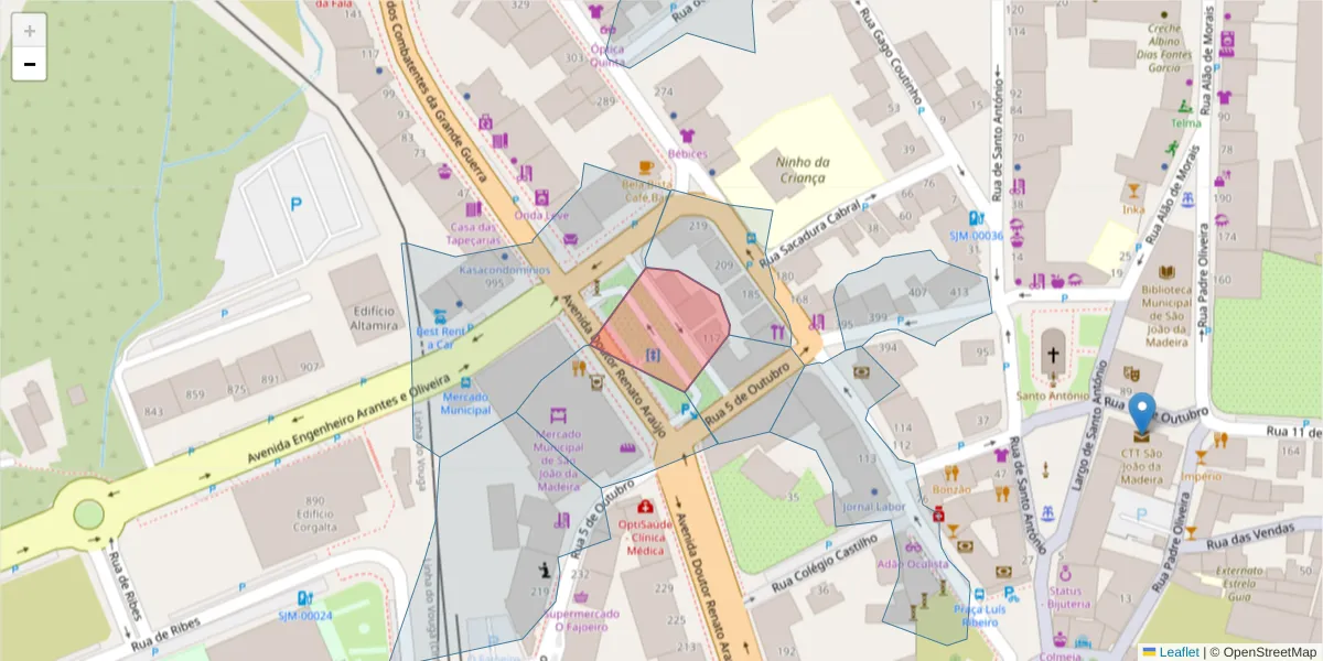 Mapa detalhado do código postal 3700-094 com limites, códigos postais vizinhos e agências dos correios