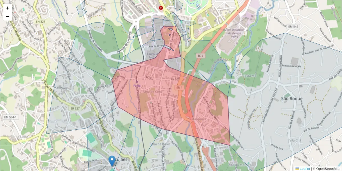 Mapa detalhado do código postal 3700-096 com limites, códigos postais vizinhos e agências dos correios